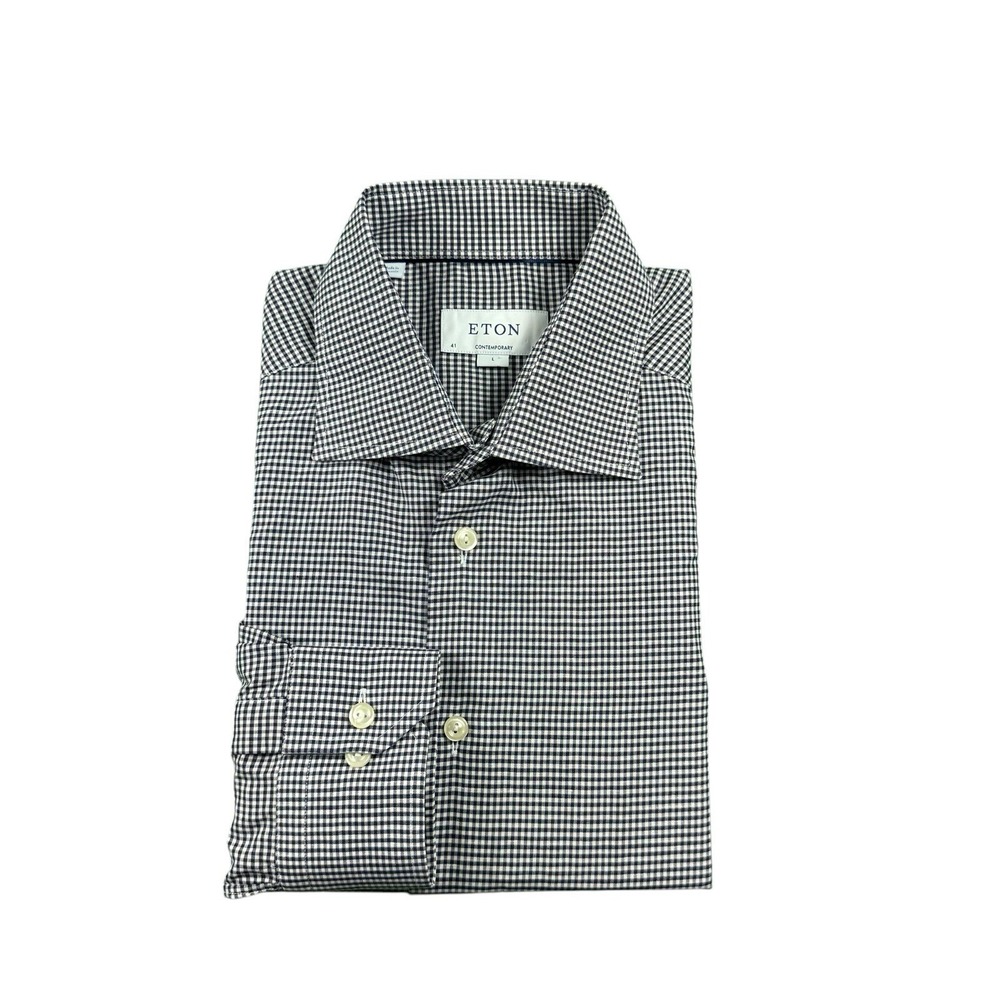 Eton Contemporary Fit Navy Blue White Checked Cotton Linen Shirt Mens L 41 16